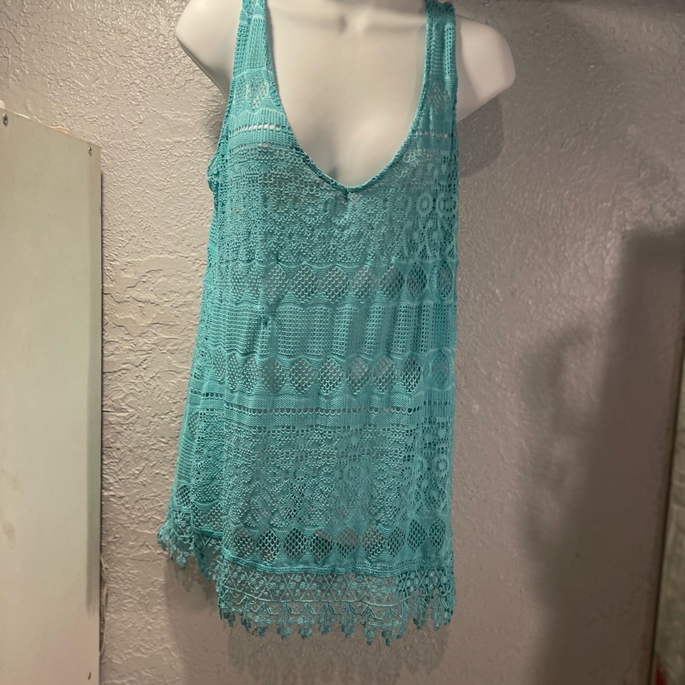 OP Aqua Crochet Lace Tank Cover-Up